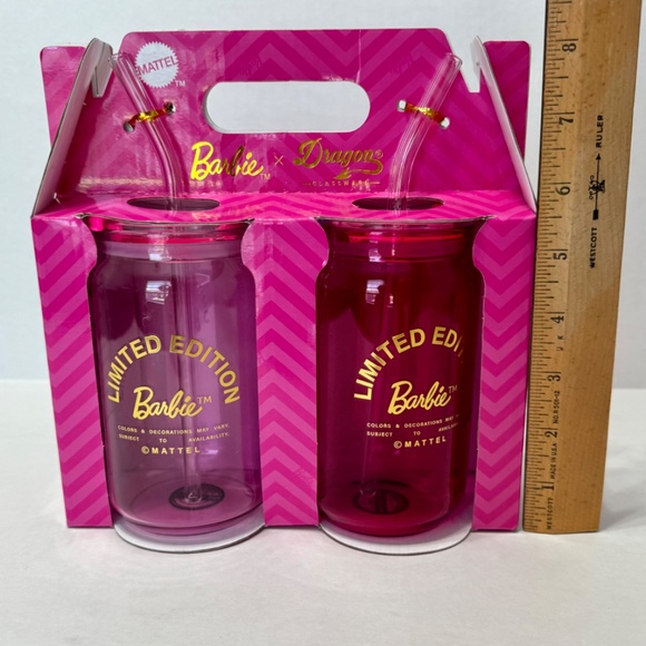 Barbie Limited Edition x Dragon Set of 2 Pink Glass Tumblers - Picture 2 of 7